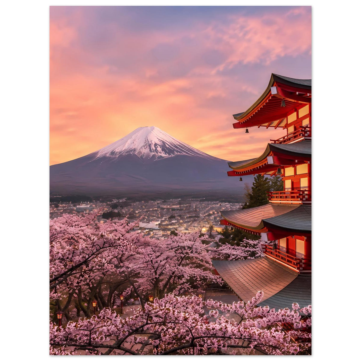 Poster mit Fuji und Kirschblüten, roter Tempel rechts im Bild
