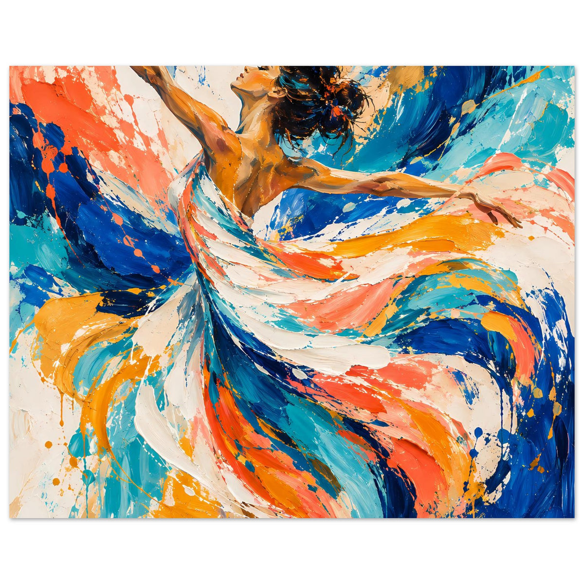Kunstdruck-Poster: abstrakte Tänzerin mit Pinselstrichen, kräftige Blau- und Orangetöne, Querformat.