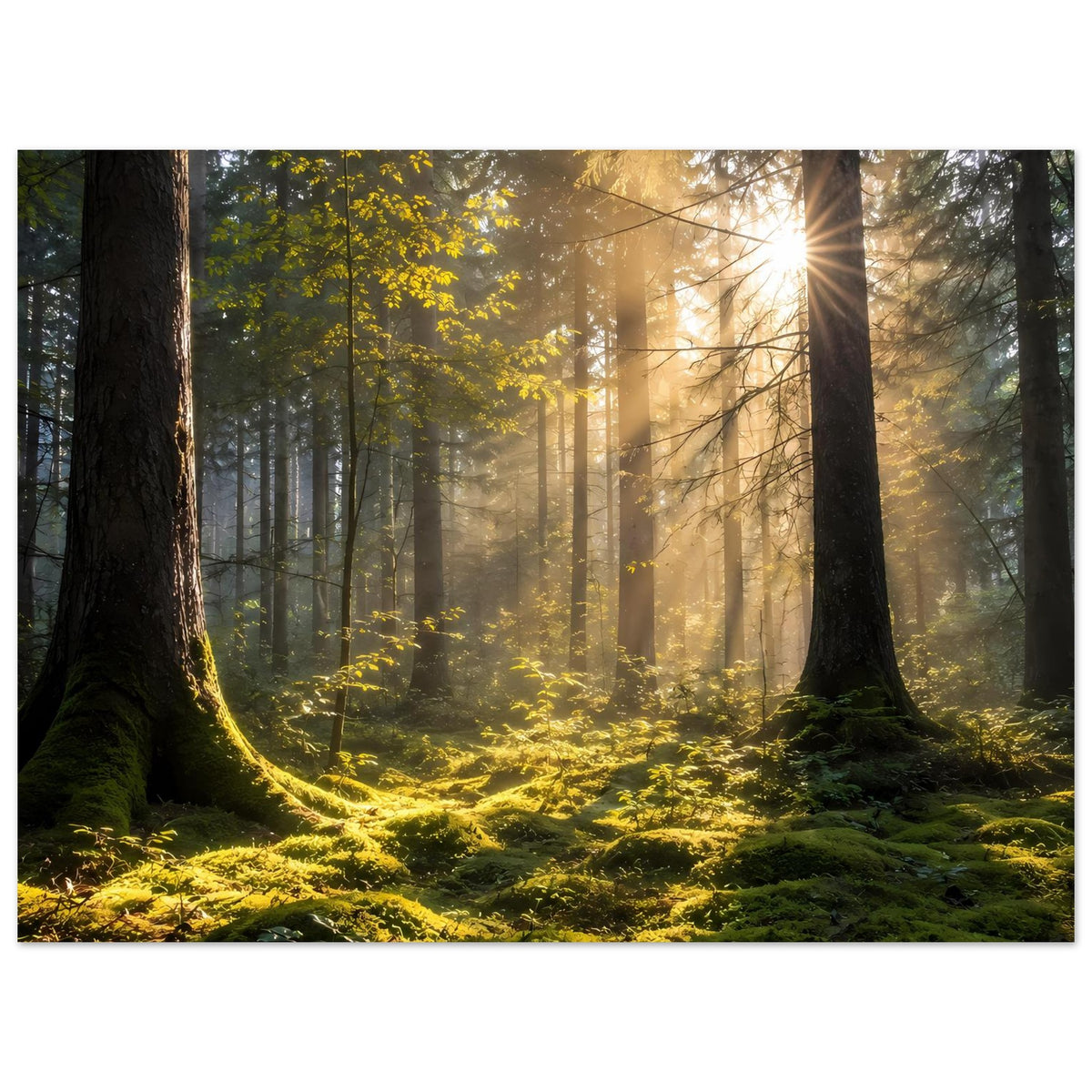 Wald-Sonnenaufgang Poster mit Sonnenstrahlen durch hohe Bäume und moosigem Waldboden