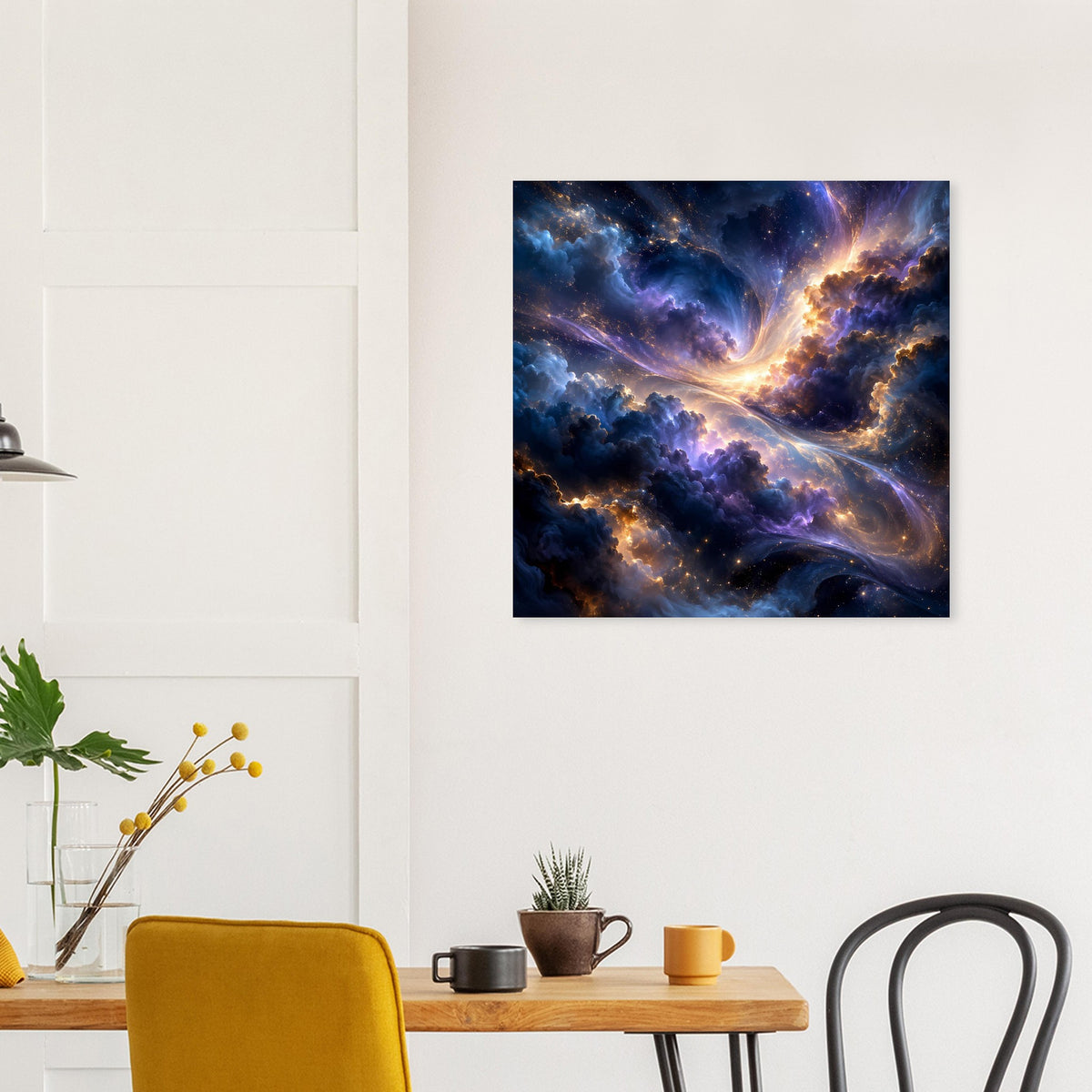 Leuchtendes Galaxieposter auf Premium-Mattpapier, quadratisch, Sternbild in Blau und Orange