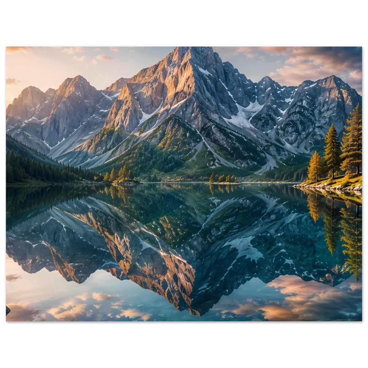 Poster mit Gebirgslandschaft und spiegelndem See, Querformat, Bergpanorama im Morgenlicht