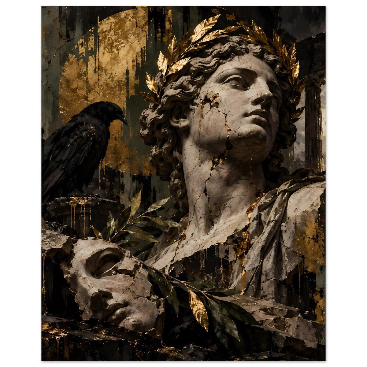 Barockes Poster: Kopf und Oberkörper einer Frauenskulptur mit Goldkranz