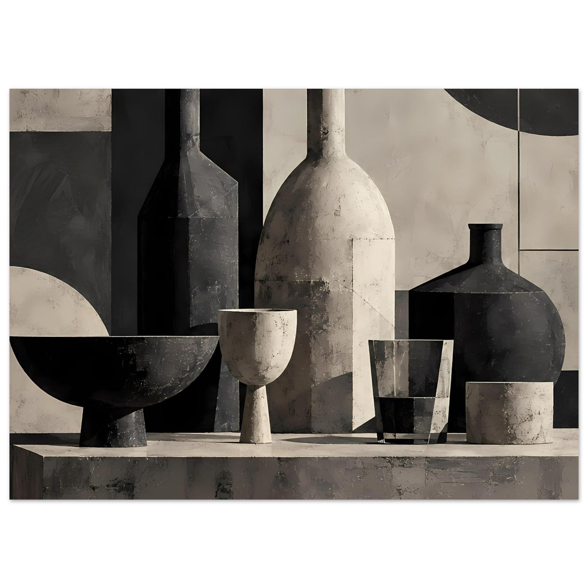 Still-Life-Poster: mehrere Vasen und Krüge in Schwarz und Beigetönen, geometrisch