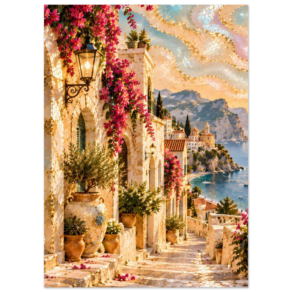 Poster im Hochformat: beleuchtete Laterne, pinke Blütenranken und felsige Bergkulisse