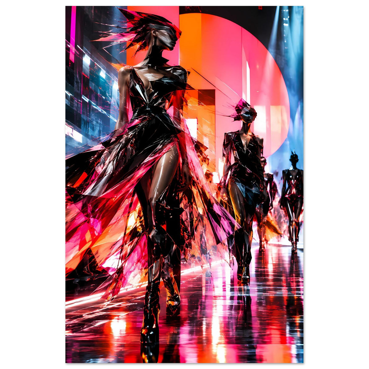 Neon-Mode-Poster mit Laufsteg-Silhouetten: vorderes Model im glänzenden Schwarz-Rot-Design