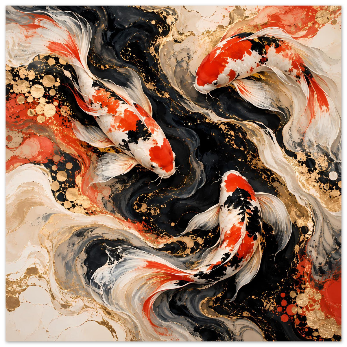 Quadratisches Kunstposter mit Koi-Fischen, abstrakte Farbwirbel in Rot, Weiß, Schwarz und Beige