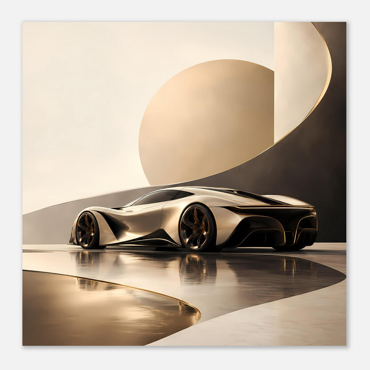 Sportwagen-Poster im Rahmen: goldener Supersportwagen mit dunklen Details, ganzer Wagen sichtbar