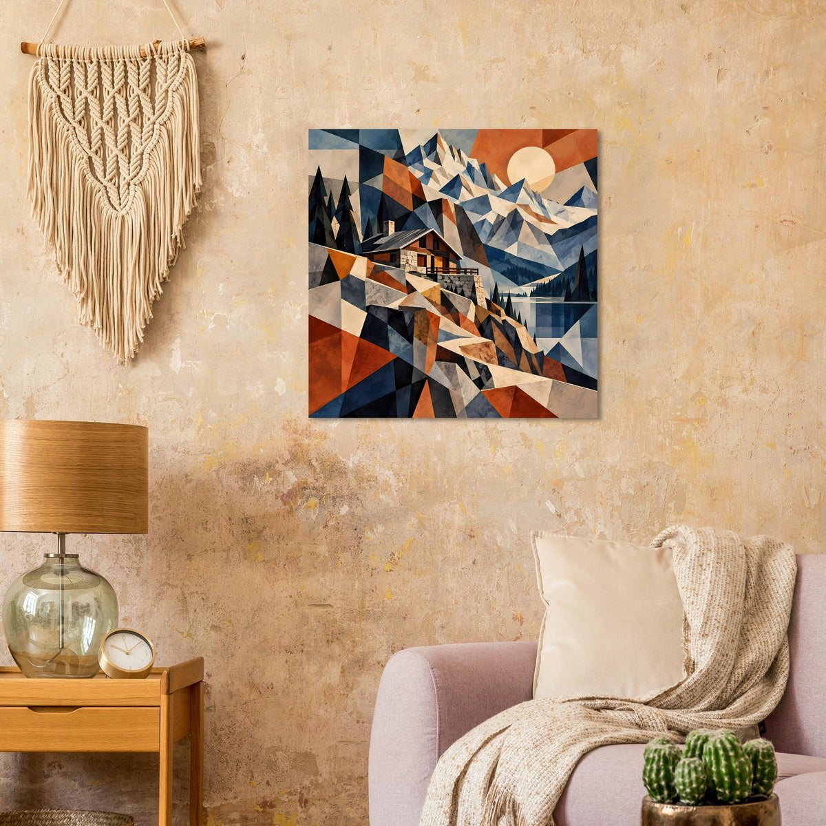 Quadratisches Poster: geometrische Berglandschaft mit Haus, Sonne und Blau-Rostrot-Tönen