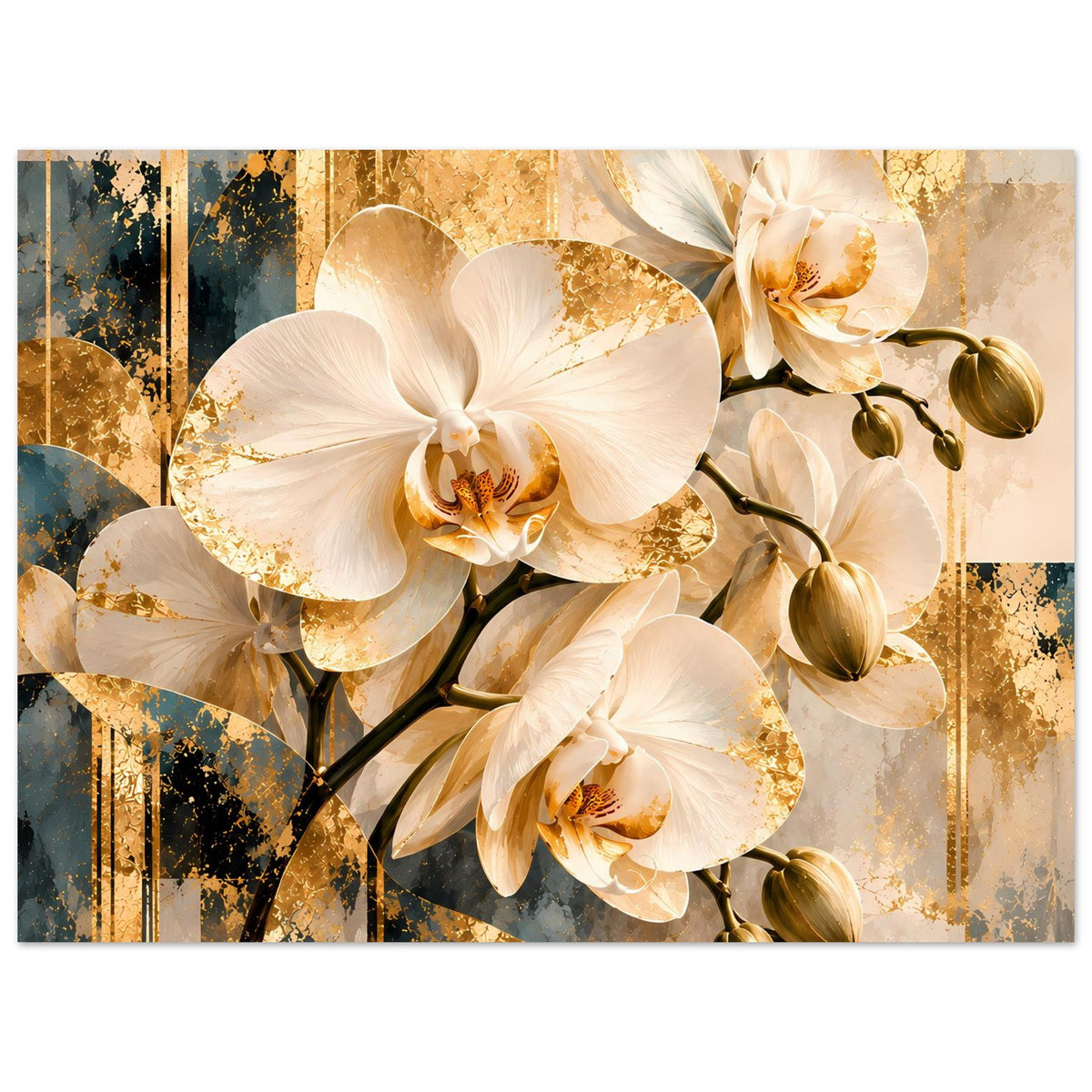 Orchideen-Wandposter mit weißen Blüten, goldenen Akzenten und verzweigten Stielen.