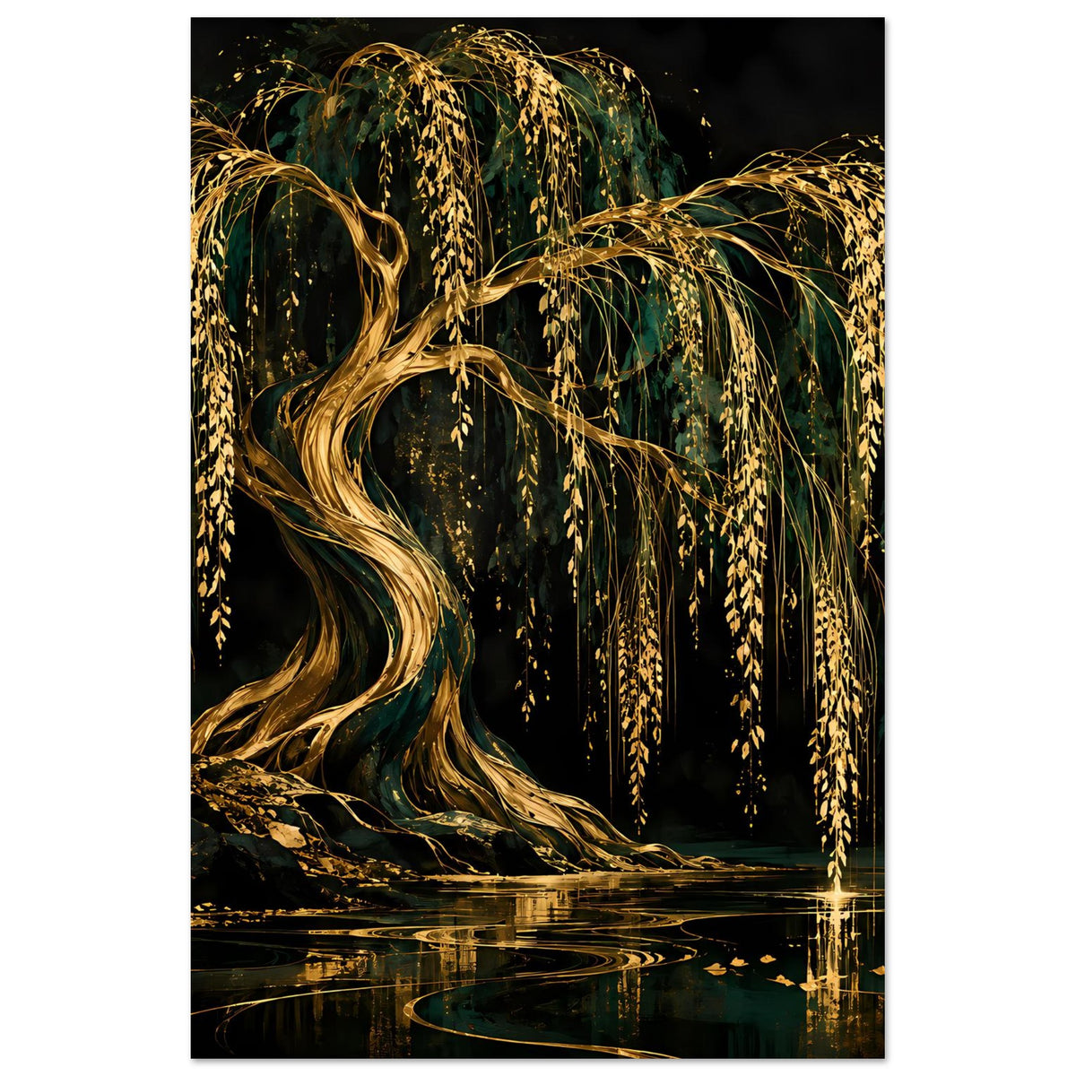 Wandposter mit goldener Trauerweide und langen, hängenden Zweigen, vertikal