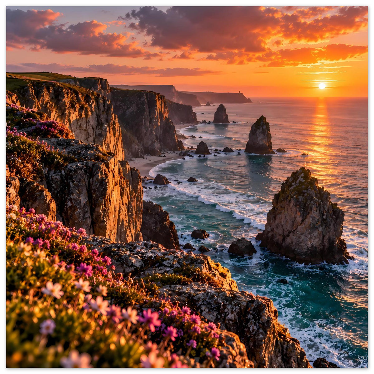 Poster mit Küste aus Felsklippen, Meer und Sonnenuntergang über dem Wasser
