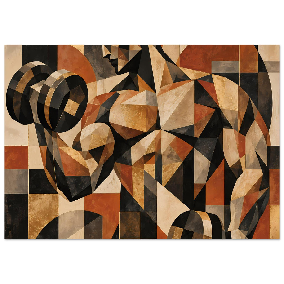Abstraktes Poster mit geometrischer Figur, zentrale Fläche mit kräftigen Dreiecken in Erdtönen