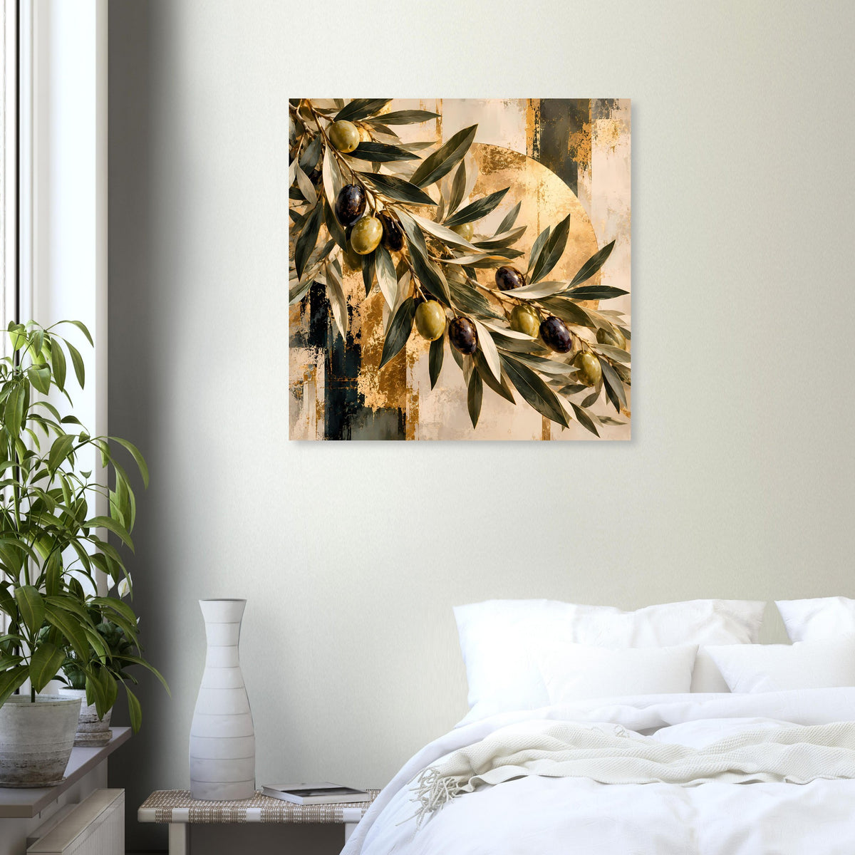 Botanisches Kunstposter mit Olivenzweigmotiv, grün-goldene Blätter und Oliven