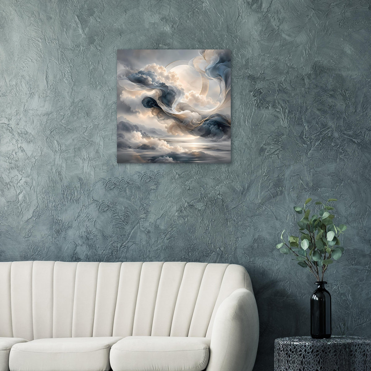 Himmelsposter im quadratischen Rahmen mit weißen Wolken, Blautönen und sanftem Licht