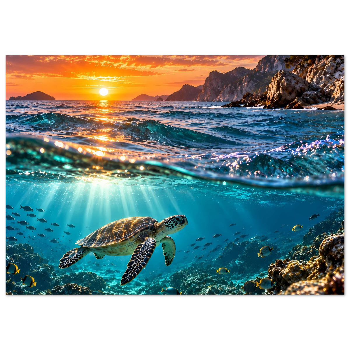 Sonnenuntergang über dem Ozean mit Schildkröte unter Wasser, Querformat-Wandposter