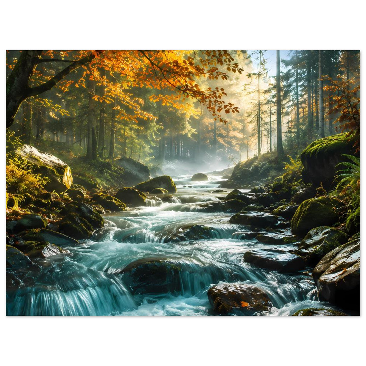 Wandposter mit Flussdurchlauf, türkisfarbenen Wellen und orange-gelbem Herbstlaub im Wald