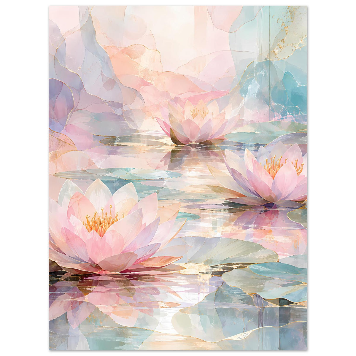 Florales Poster mit Seerosen und Lotosblättern, abstrakte Wasseroptik in zarten Pastelltönen.