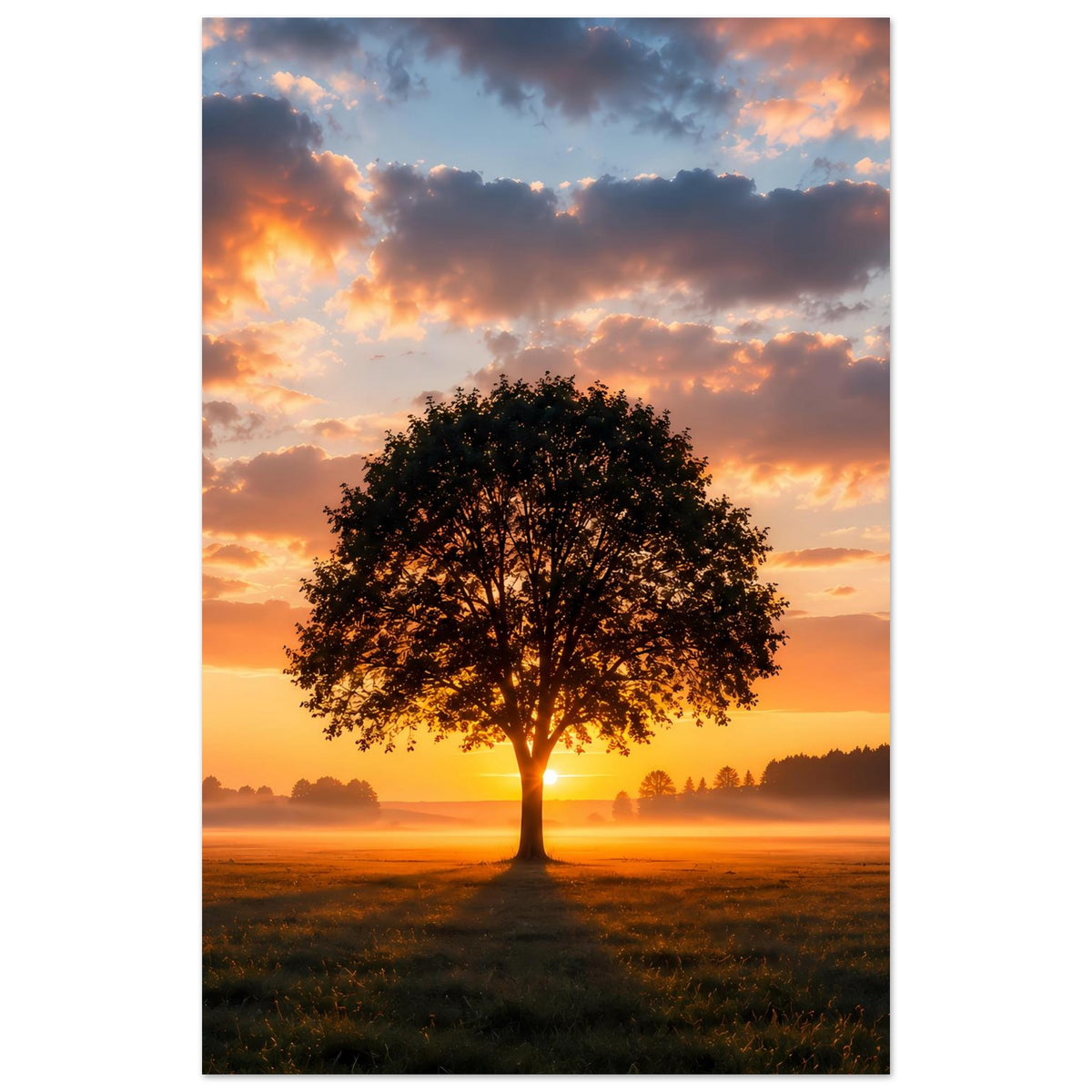 Vertikales Poster: einzelne Eiche bei Sonnenuntergang, orangefarbener Himmel, bewölkt