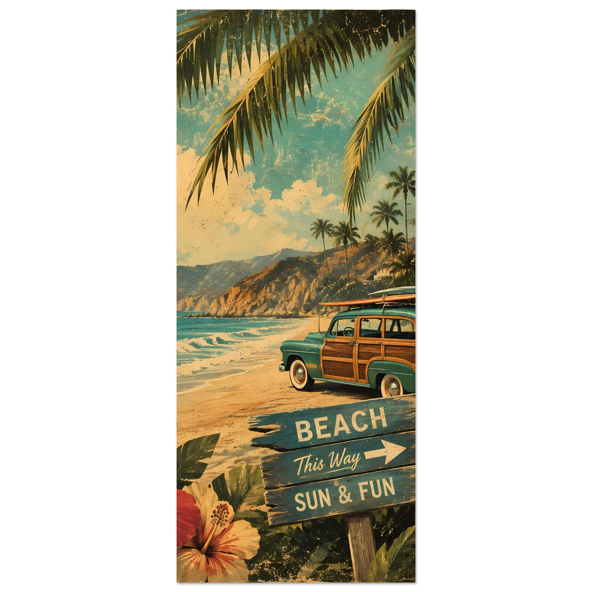 Vertikales Poster-Detail: Surfbrett rechts, Schilder „BEACH“ und „SUN & FUN“