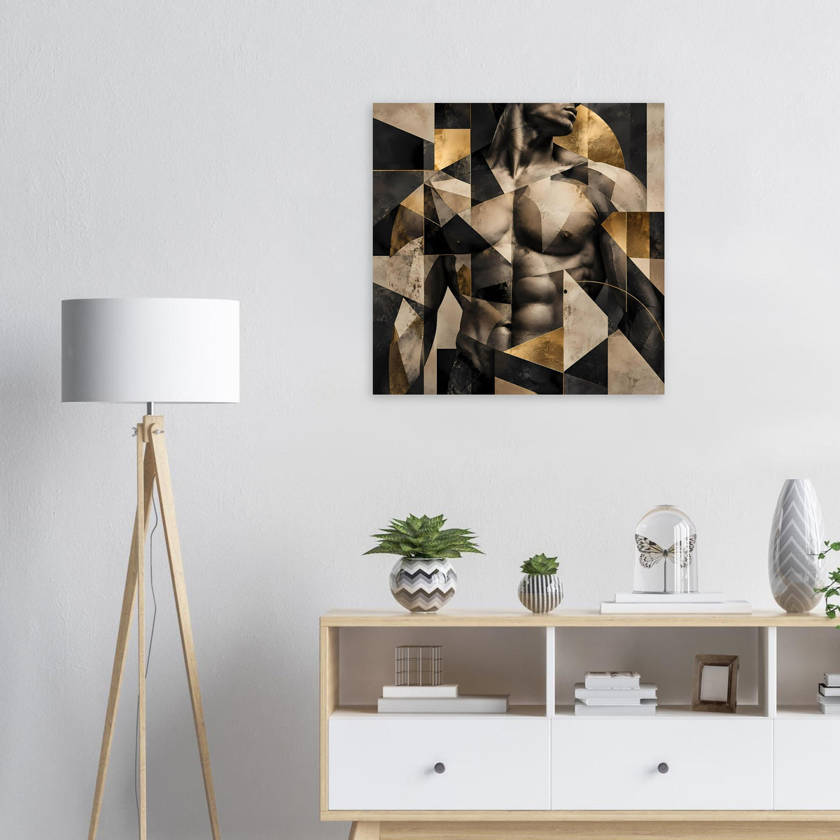 Quadratisches abstraktes Poster mit Aktmotiv, goldene Geometrie in Schwarz und Beige