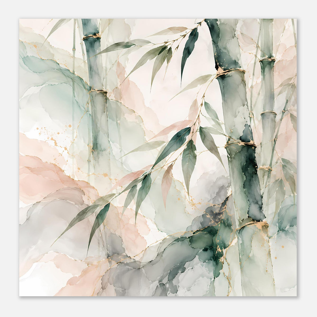 Naturposter im Quadratformat: Aquarell-Bambus mit grünen Blättern, pastellige Muster in Creme und Rosa