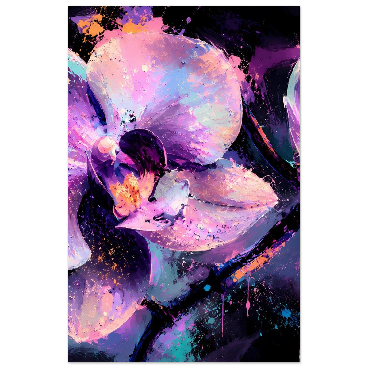 Neonkunst-Poster (Hochformat) mit abstrakten Orchideen in Violett und Pink