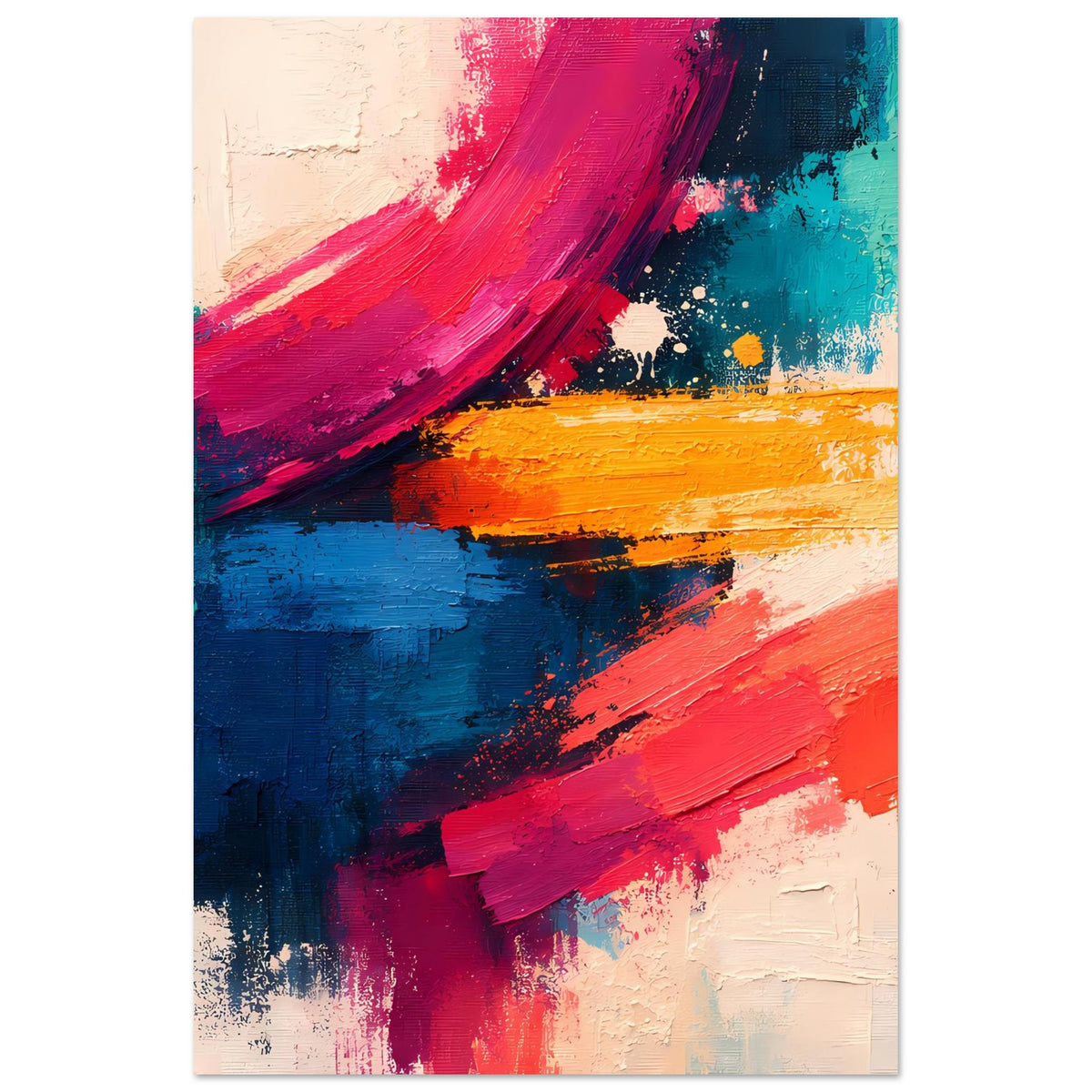 Abstrakter Poster-Druck mit dynamischen Pinselstrichen in Pink, Blau, Türkis und Orange