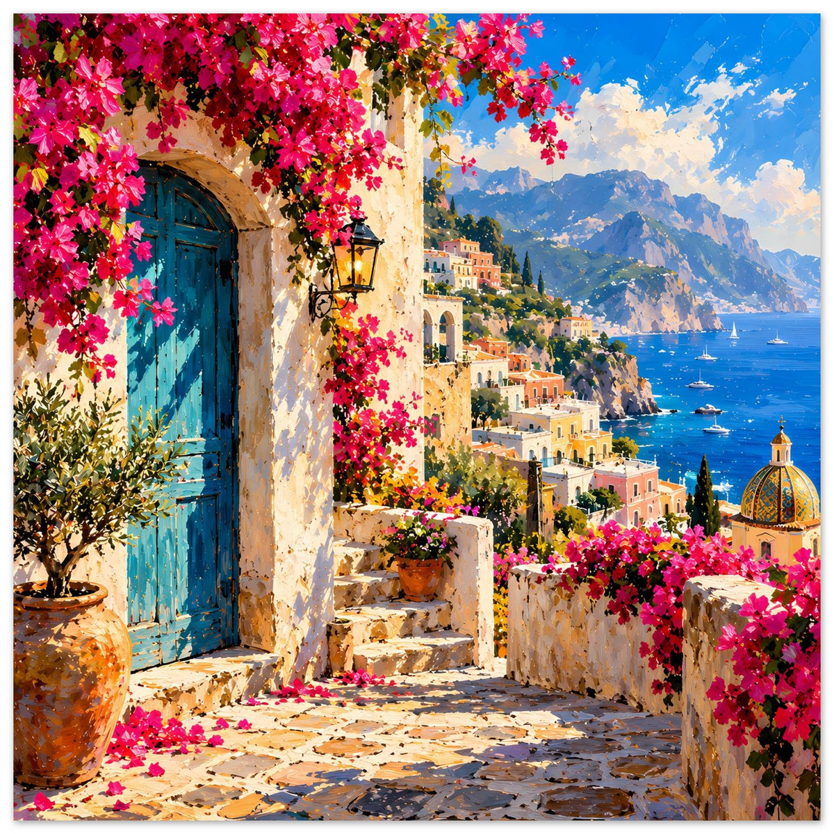 Mediterranes Poster mit blauem Tor, pinken Blüten, türkisblauem Meer und goldener Kuppel