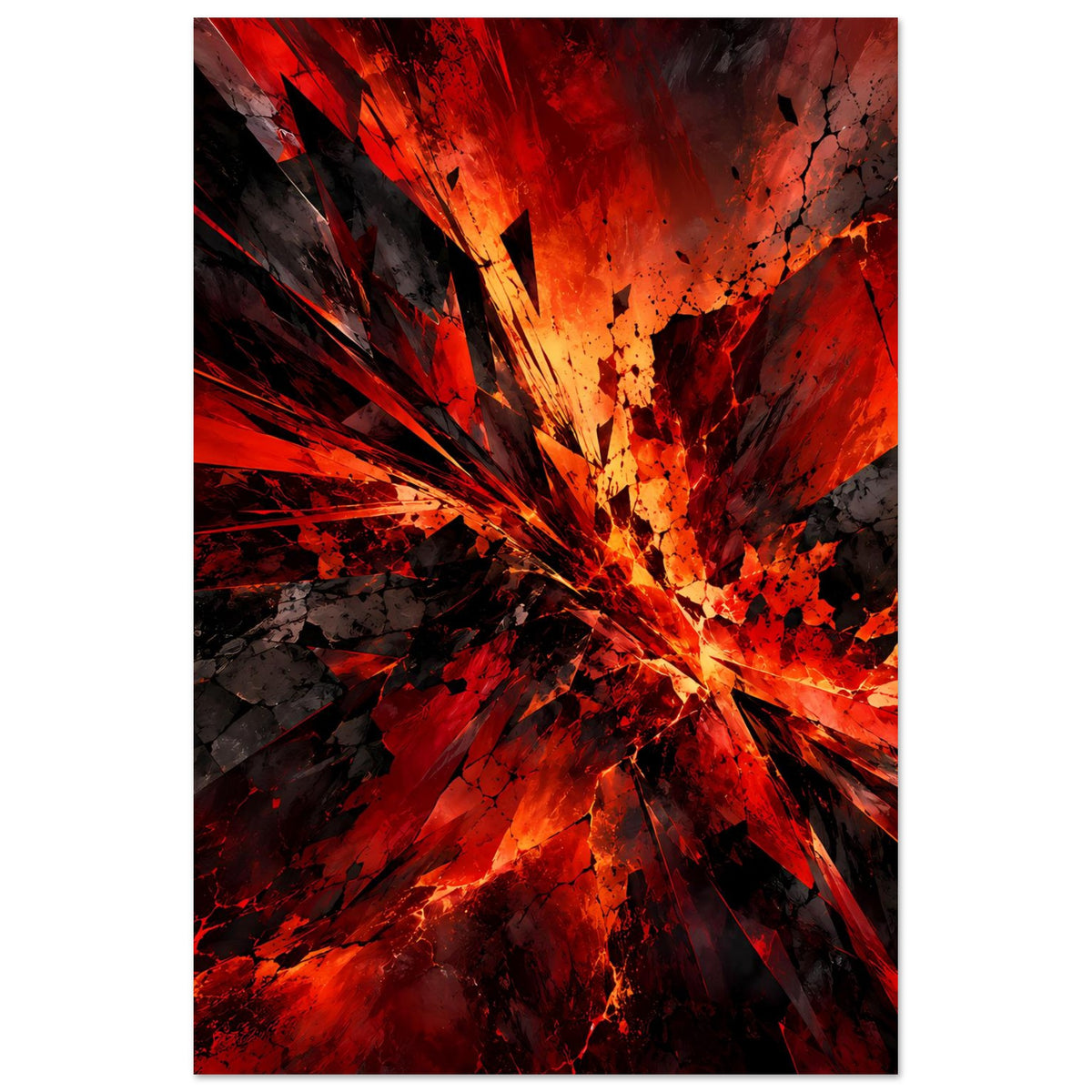 Abstraktes Kunstposter im Hochformat mit explosivem Strahlenzentrum in Rot, Orange und Schwarz
