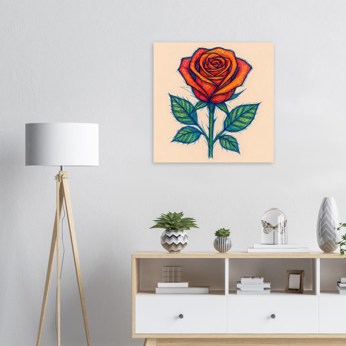 Rosenposter mit zentrierter orange-roter Rose im Skizzenstil und grünen Blättern