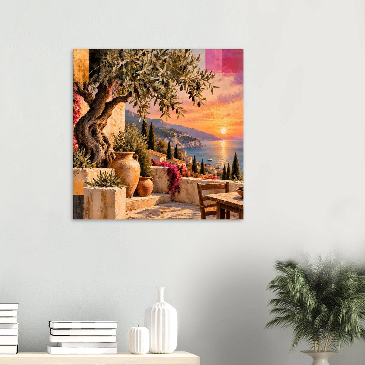 Quadratisches Poster mit Sonnenuntergang-Terrasse, Olivenbaum, Blumentöpfen und Meerblick
