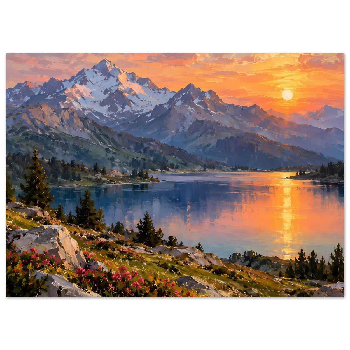 Wandposter im Querformat: Sonnenuntergang über Bergsee, Sonne spiegelt sich am Ufer