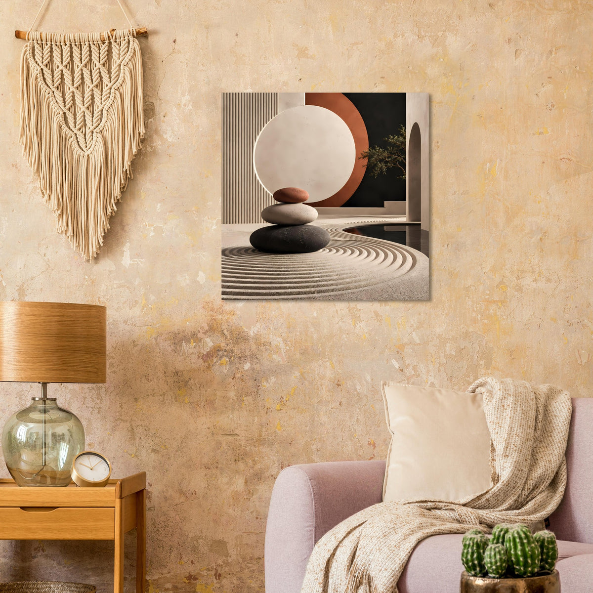 Kunstposter: großer Kreis (Creme/Terrakotta) über schwarzem Steinstapel und rillenartigen Wellen