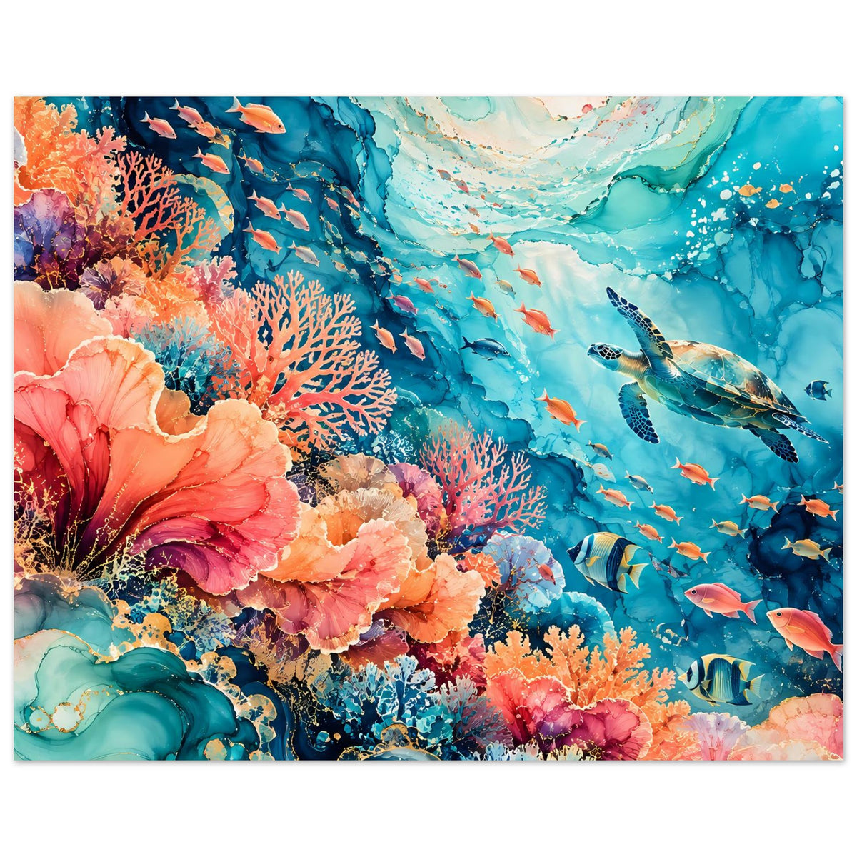 Unterwasser-Poster horizontal: Korallen, bunte Fische und tiefblaue Wasseradern