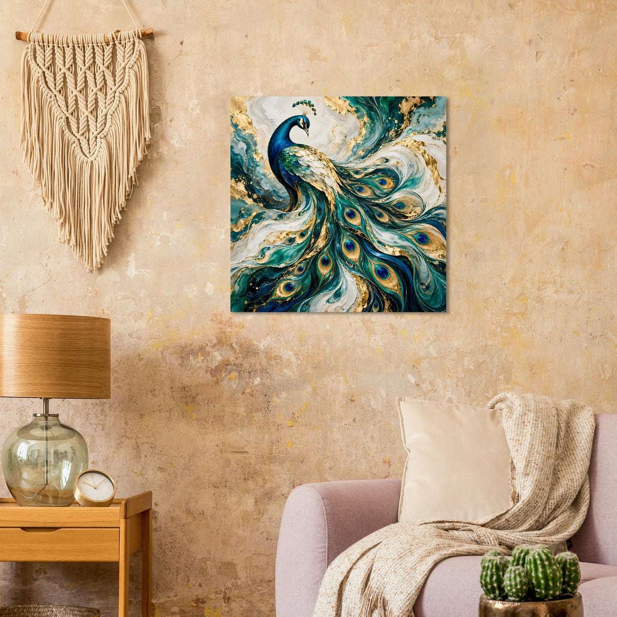 Pfau-Kunstposter mit blaugrünen und goldenen Federn, rechteckig