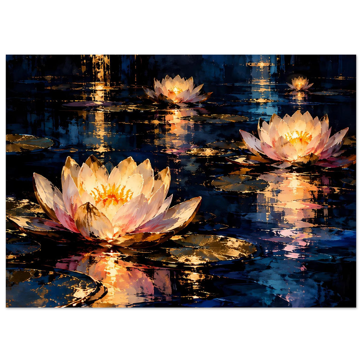 Blumenposter mit drei leuchtenden Seerosen und goldenen Reflexen auf blauem Wasser