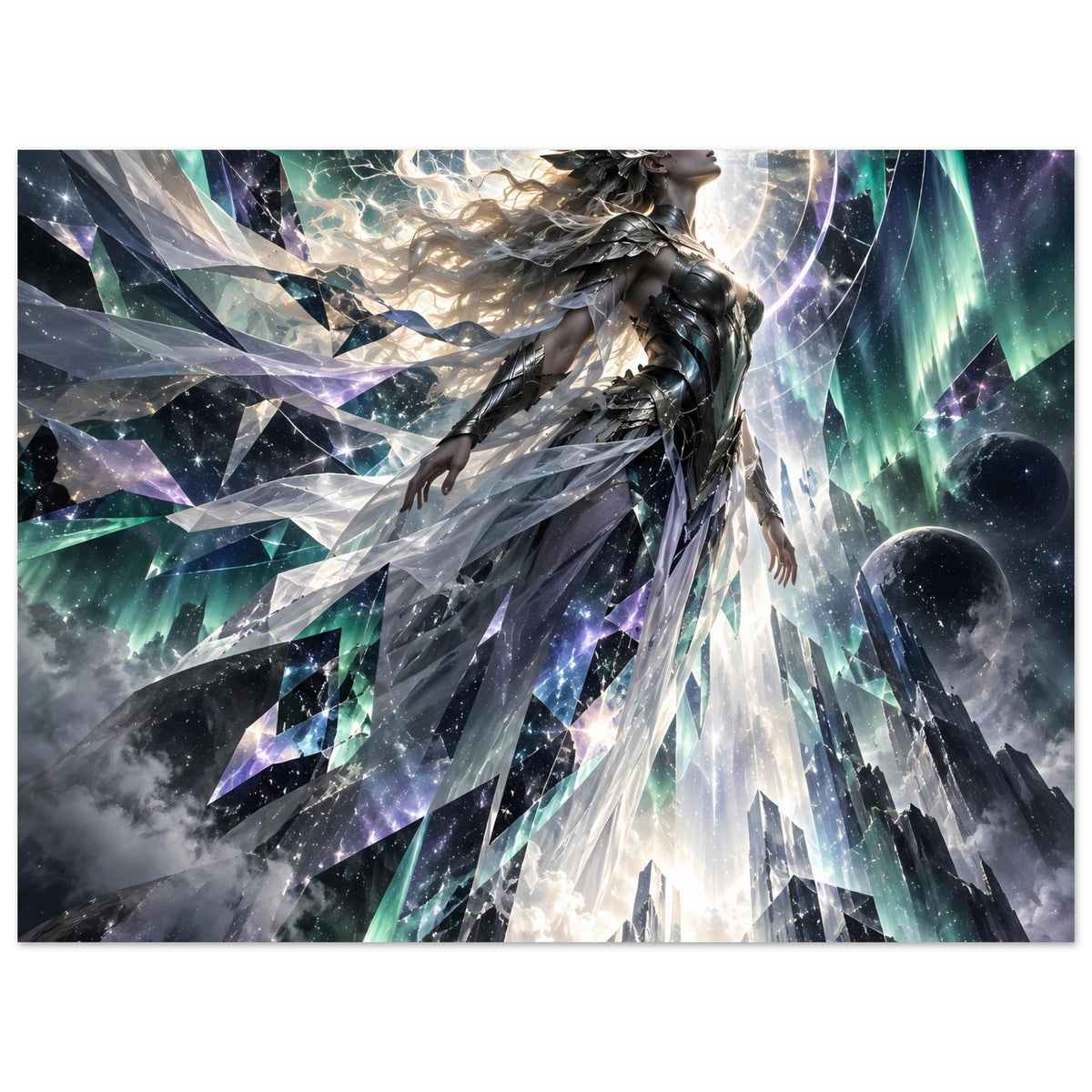 Horizontales Fantasy-Poster: astraler Krieger mit Umhang, funkelnde Reflexe in Grün und Violett