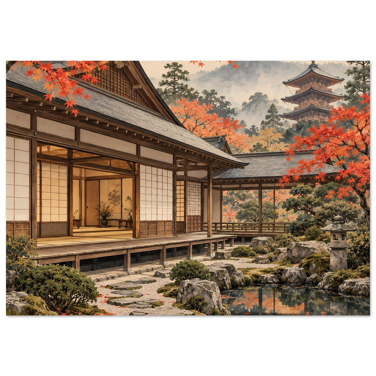 Querformat-Poster: japanische Holzveranda über Steinweg, Teich und Herbstbäume