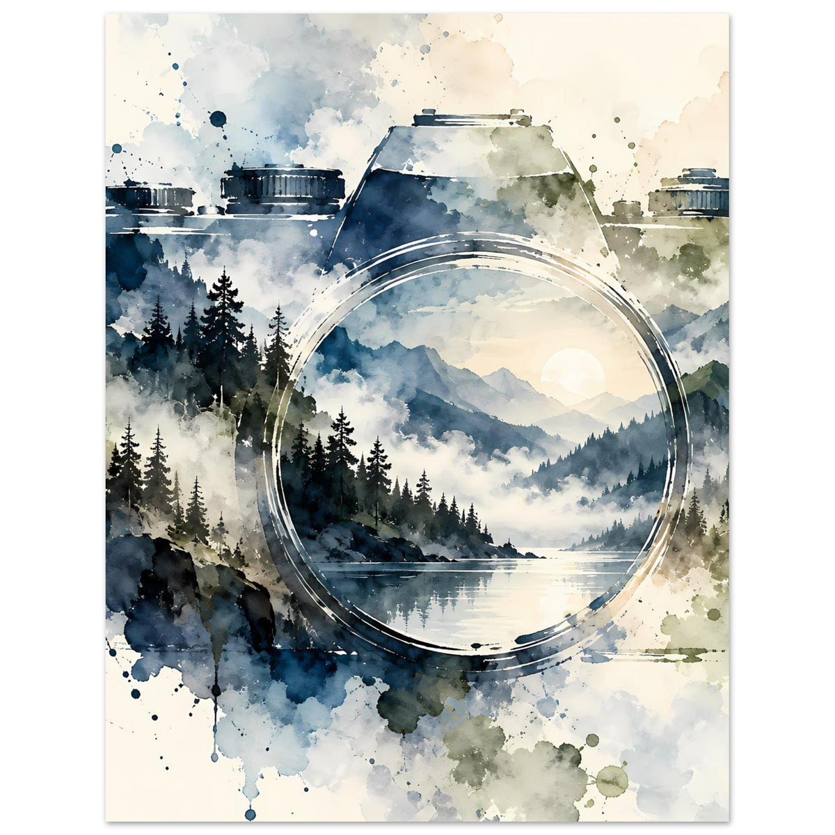 Aquarellposter mit Vintage-Kamera-Motiv: neblige Berge, Wald und See im Kreisfenster