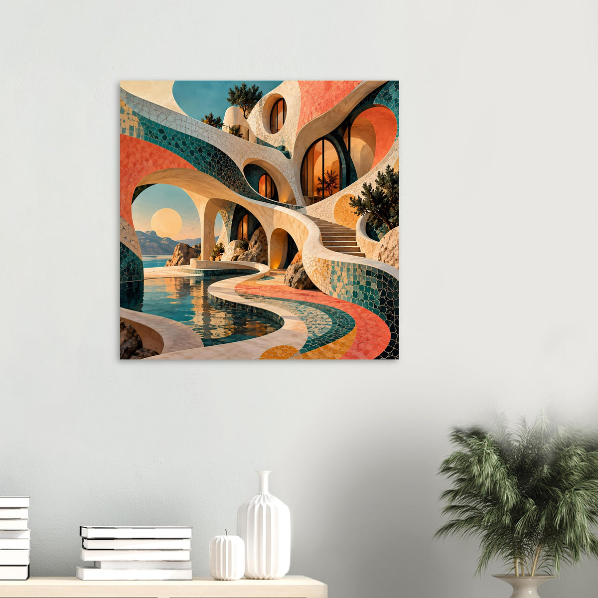Kunstposter im Raum: Mosaik-Architektur mit Pool und Rundbögen in Türkis und Koralle