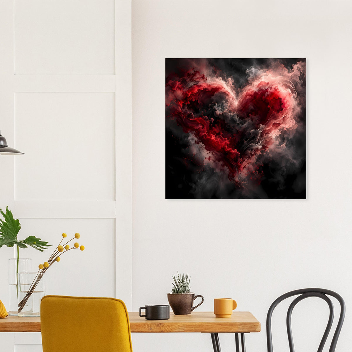 Quadratisches Wandposter mit rotem, leuchtendem Herz aus Rauch auf dunklem Grund