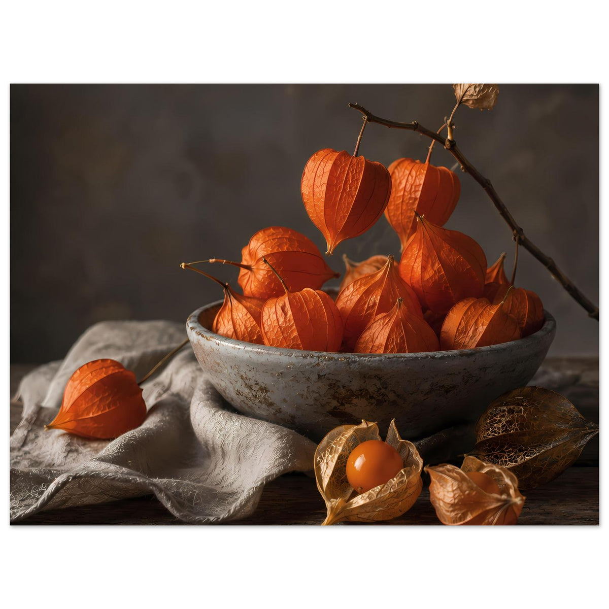 Herbst-Poster mit Schale voller orangefarbener Blätter, Tuch, Samenkapsel und Blattrispen