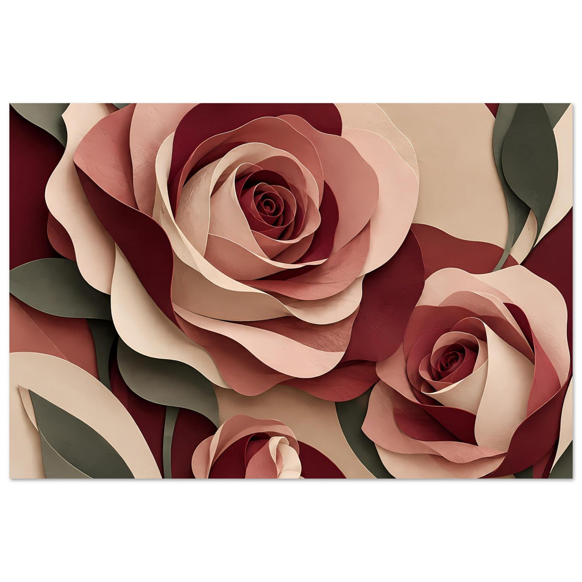 Florales Kunstposter mit Rosen in Burgunder, Rosé und Creme