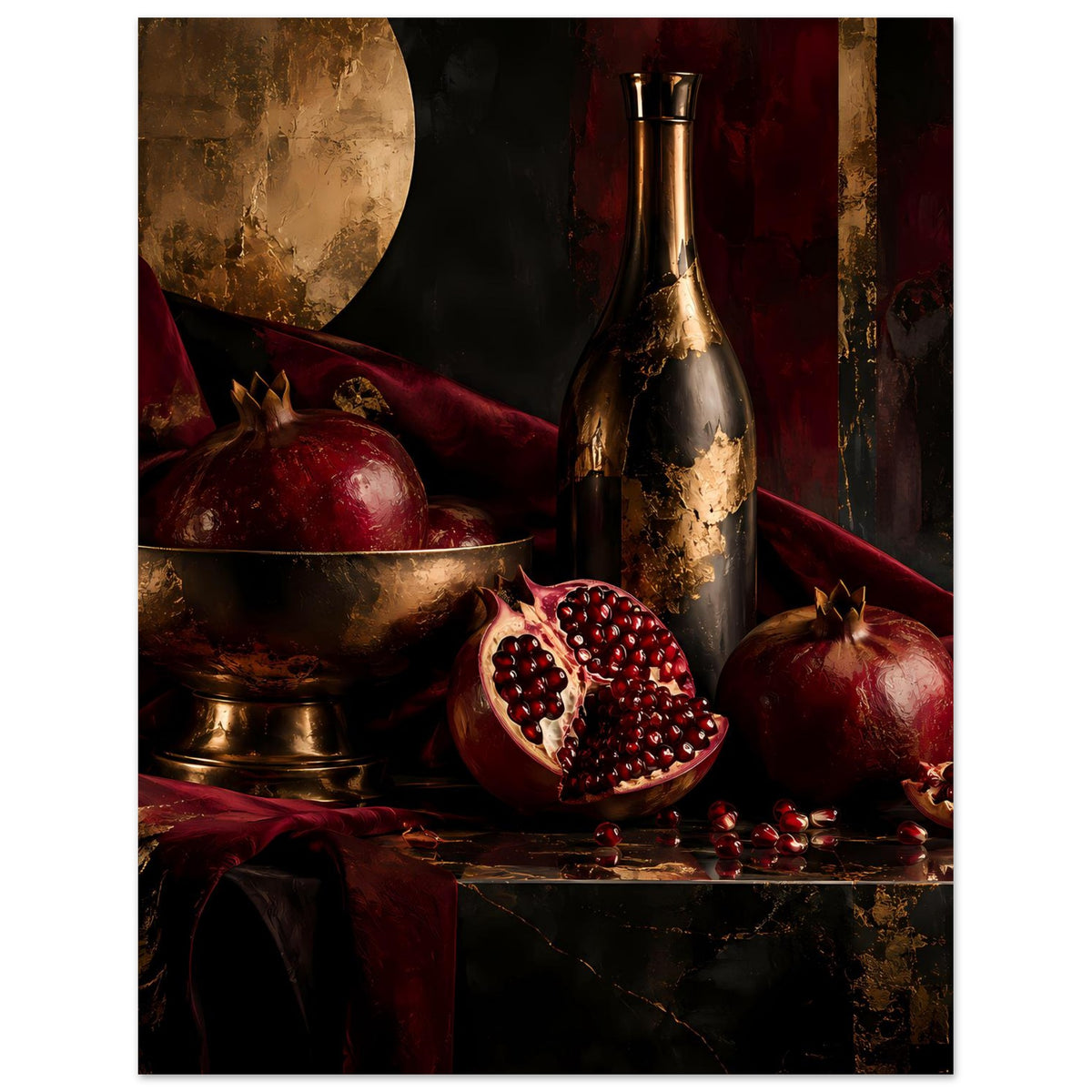 Stillleben-Poster mit Granatäpfeln, goldener Schale und Flasche in dunklem Rot