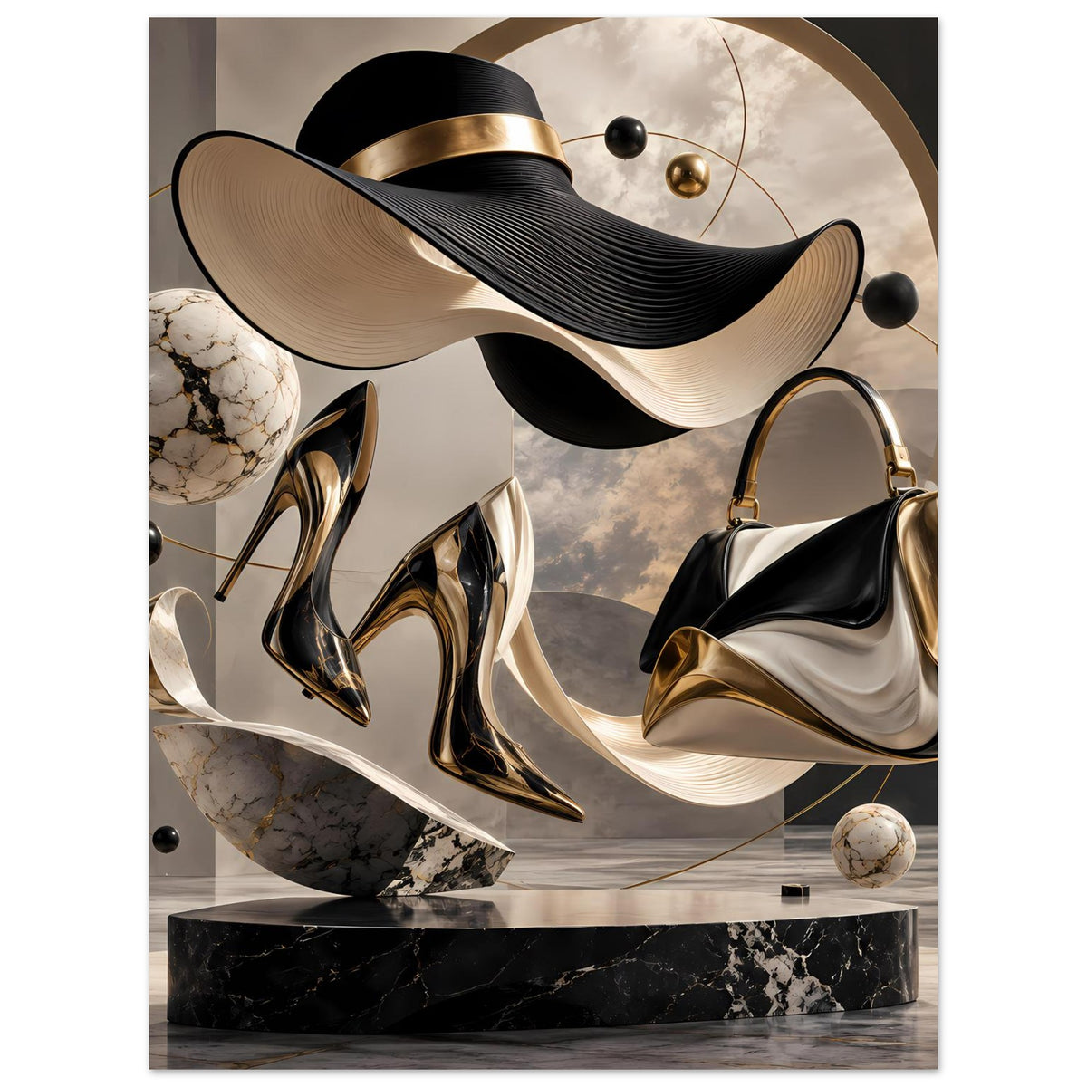 Modekunst-Poster mit High-Heels und Handtasche in Schwarz, Creme und Gold