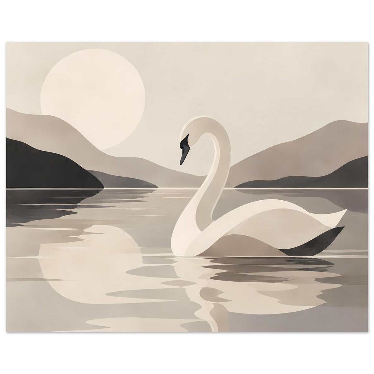 Wandposter: schlichter Schwan im Seitenprofil, reflektiertes Wasser und Landschaft in Beige- und Grautönen.