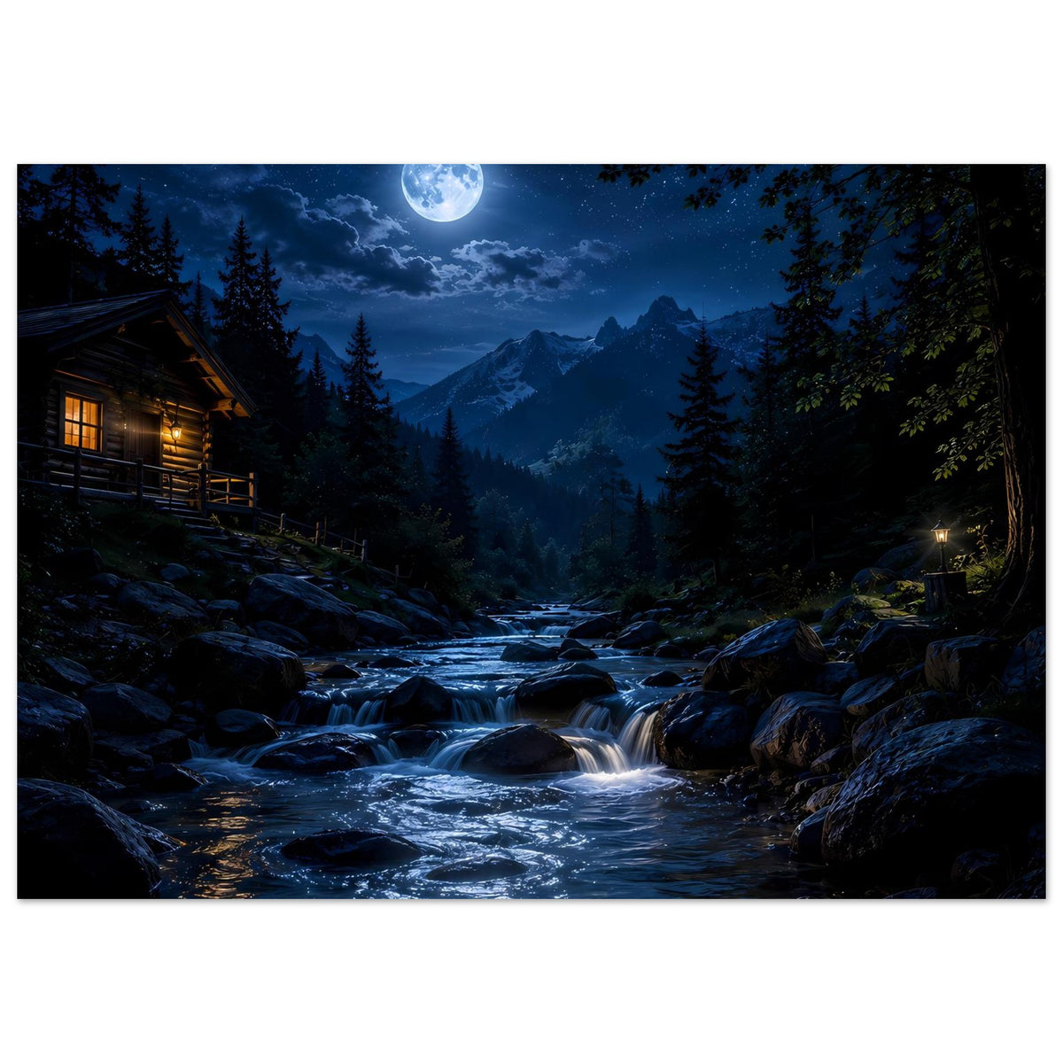 Horizontales Poster: Fluss mit Stromschnellen unter Mondschein im nächtlichen Bergwald