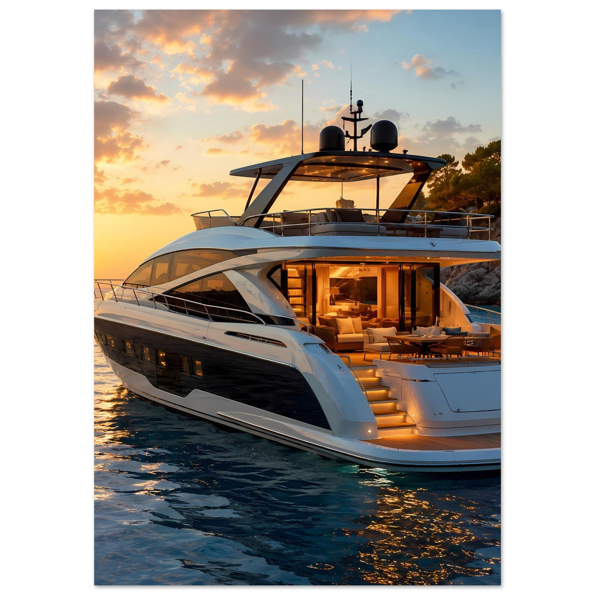 Motoryacht-Poster mit weißer Motoryacht und dunklem Aufbau, beleuchtete Sitzbereiche