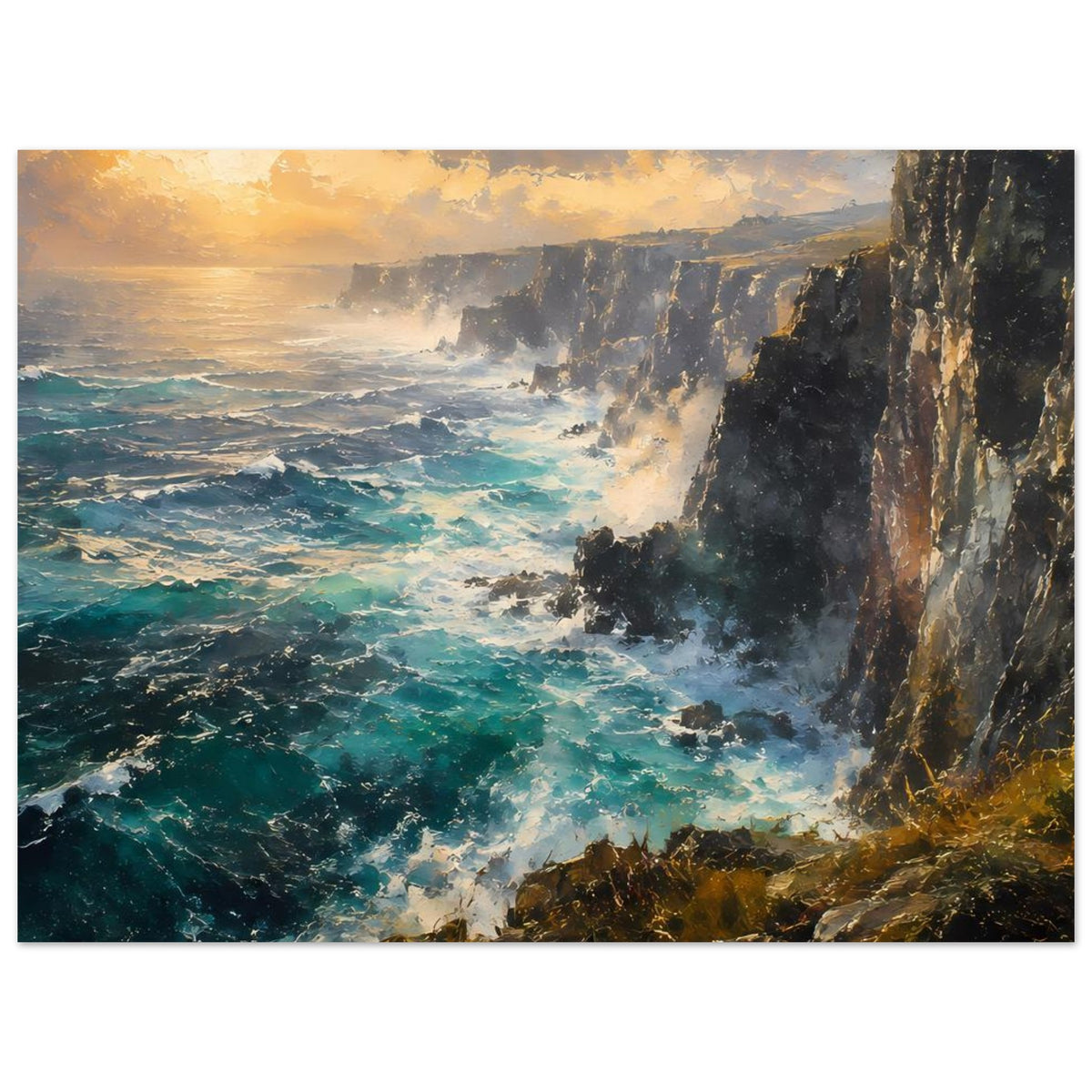 Poster Wilde Klippenküste: türkisfarbene Brandung, Felswand rechts, goldener Abendhimmel, Hochformat