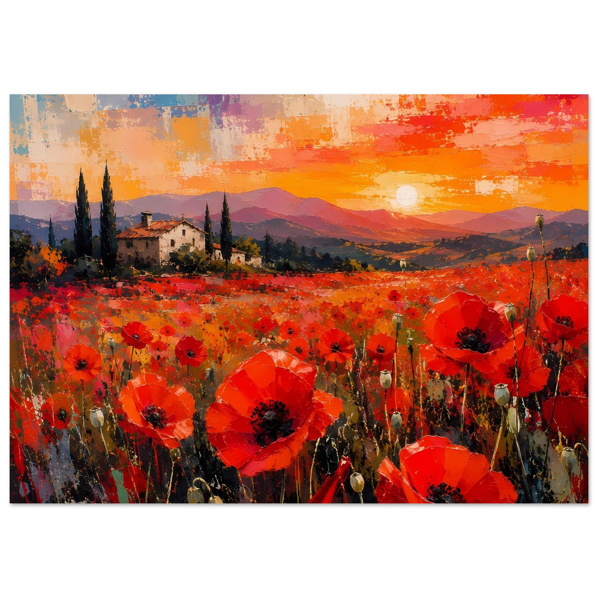 Posteransicht: rotes Mohnfeld mit Sonnenuntergang, Zypressen und kleinen Häusern in der Ferne